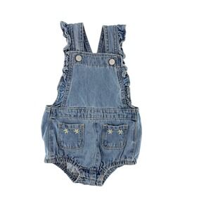 Old Navy Denim Ruffle Sleeve Daisy Embroidered Baby‎ Romper Overalls 12-18M